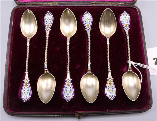 Cased set silver and champleve enamel coffee spoons